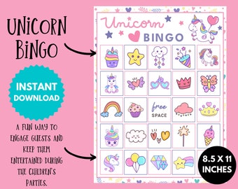 Unicorn Bingo Cards, Printable Unicorn Birthday Game, Magical Party Activity for Kids, Instant Download Educational PDF Gift for Children