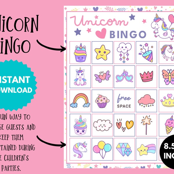 Unicorn Bingo Cards, Printable Unicorn Birthday Game, Magical Party Activity for Kids, Instant Download Educational PDF Gift for Children