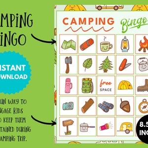 Cartões de bingo de acampamento, jogo de aventura e vínculo para crianças ao ar livre para impressão, atividade divertida de festa na fogueira, presente de entretenimento para crianças em acampamento, PDF