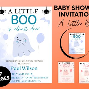 Edytowalny pakiet zaproszeń na baby shower A Little Boo, zaproszenie na baby shower dla chłopca i dziewczynki na Halloween, zaproszenie na baby shower z duchem na Halloween, do wydrukowania