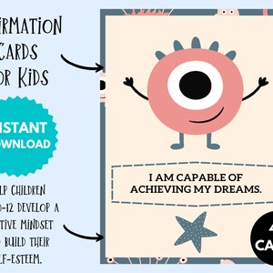 Druckbare Affirmationskarten für Kinder im Alter von 10-12 Jahren, positive, motivierende und stärkende Karten für Kinder, Selbstliebe Geschenk Sofortiger Download PDF
