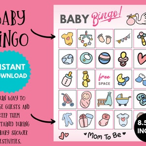 Baby shower bingo afdrukbaar, babymeisje bingo afdrukbaar, baby shower cadeau bingo, baby shower bingo 15 kaarten, baby bingospel direct downloaden