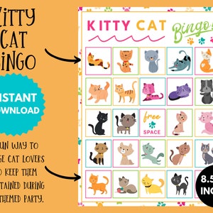 Cartes de bingo chat chaton, cadeau d'activités pour chaton purement amusant, jeu de fête d'anniversaire, téléchargement immédiat au format PDF imprimable pour les amoureux des chats et les fêtes