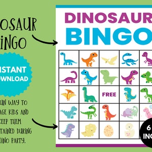 Carte Bingo Dinosauri, Gioco di società preistorico stampabile, Divertente attività a tema Dino, Regalo giurassico per bambini, Download istantaneo digitale PDF