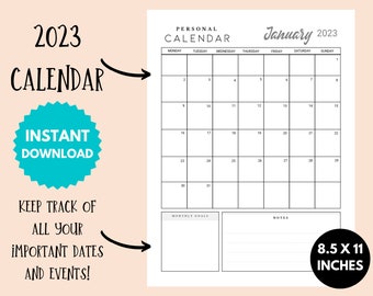 2023 Printable Calendar, 2023 Calendar Monthly, Printable Calendar, Personal Planner, Instant Download, Modern Calendar, Calendar Template