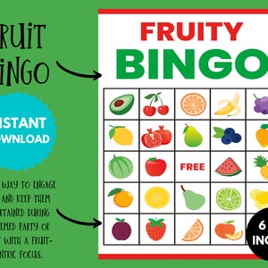 Fruitbingokaarten, afdrukbaar educatief tuinfeestspel, leuke fruitige boerderijactiviteit, tuincadeau voor kinderen, digitale Instant Download PDF