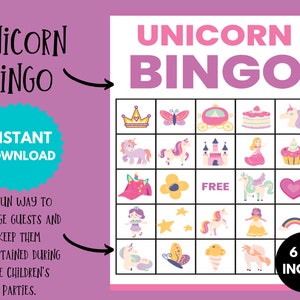 Cartes de bingo licorne, jeu d'anniversaire licorne imprimable, activité de fête magique pour les enfants, téléchargement instantané PDF éducatif cadeau pour les enfants