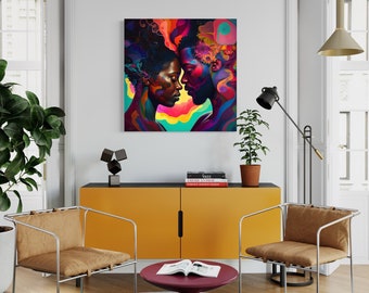 Quadro "Emoful Embrace" - Vibrante opera d'arte murale raffigurante una coppia afroamericana