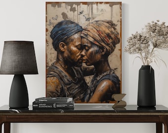 Elegante coppia africana che si abbraccia - Arte murale in stile vintage anni '50