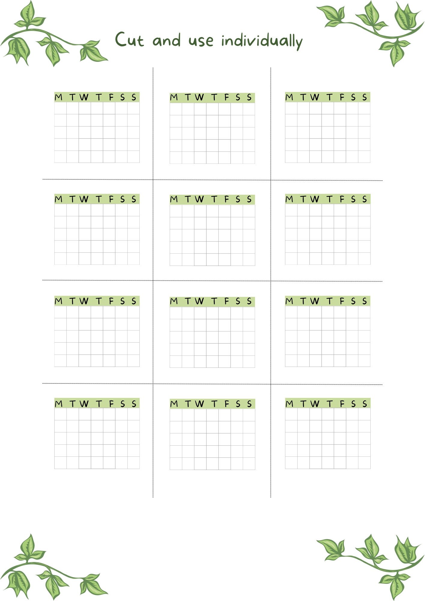 Digital Printable Undated Yearly/monthly Calendar, Earthy Theme, Four ...