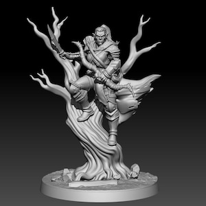 May include: A detailed, grayscale 3D-printed figurine of an archer elf perched on a stylized tree. The elf is clad in armor and holds a bow and a sword, ready for action. The base is a circular platform.