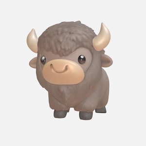 May include: A brown and white cartoon plush toy of a bison with a fluffy brown coat and big eyes. The bison is standing on all four legs and has a friendly expression.