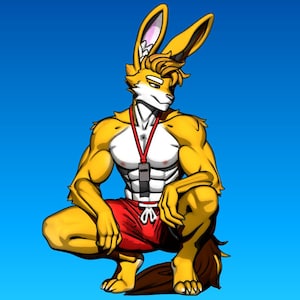 May include: A yellow anthropomorphic rabbit with brown fur on its tail, wearing red swim trunks and a red lifeguard whistle on a lanyard around its neck. The rabbit is crouching with its arms crossed in front of it.
