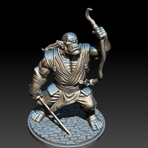 May include: A silver orc figurine in a dynamic pose on a circular base. The orc is muscular, wearing a stylized outfit and holding a curved weapon in one hand and a sword in the other. The base has a cobblestone texture.