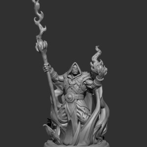 May include: A gray, detailed figurine of a fantasy character, possibly a wizard or sorcerer. The figure is hooded, wearing armor, and holding a staff with a flame at the top. A ball of flame is in the other hand. The figure is surrounded by stylized flames.