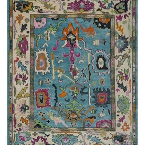 Hand Knotted Oushak Rug 8x10 - Turkish Wool Oriental Carpet, Vibrant Blue Multicolor Traditional Area Rug for Living Room, Bedroom Large Rug