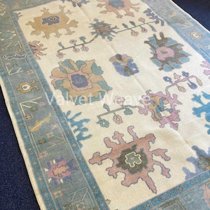 Ivory Blue Coastal  Hand Knotted Rug Oushak Area Rug for living room bedroom Hall custom size rug 5x8 6x9 8x10 modern Turkish oushak carpet