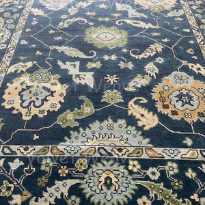 Blue Turkish Oushak Rug | Hand-Knotted Wool Area Rug | Beige Blue 8x10  10x14 | Carpet for Living Room Kids Room Blue Oushak Beige blue Rugs