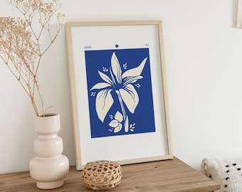 Blue Floral Illustration Print | Blue and White Botanical Print | Modern Floral Print| Printable Flower Illustration | Blue Flower Art Print