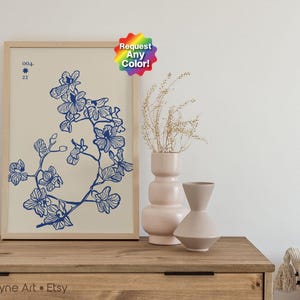 Blaue Blumenwandkunst | Orchidee herunterladbare Druck | Linie Zeichnung Blumen Kunst | Wildblumen druckbare Kunst | Botanischer Kunstdruck