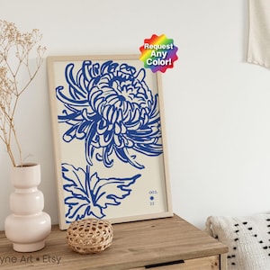 Blue Peony Art Print | Printable Peony Illustration | Modern Blue Floral Art Print | Flower Printable Art| Beige and Blue Gallery Wall Print