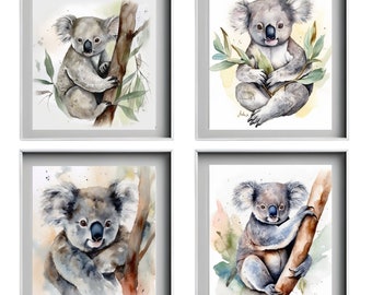 Ensemble de 4 tirages, peinture imprimable bébé Koala, peinture imprimable aquarelle, décor d’art mural chambre d’enfant, imprimé animal bébé, décor de chambre d’enfant