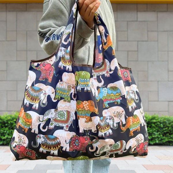 Cute Elephant Large Shopping Bag, Grocery Bag, Foldable Bag, Waterproof Market Bag