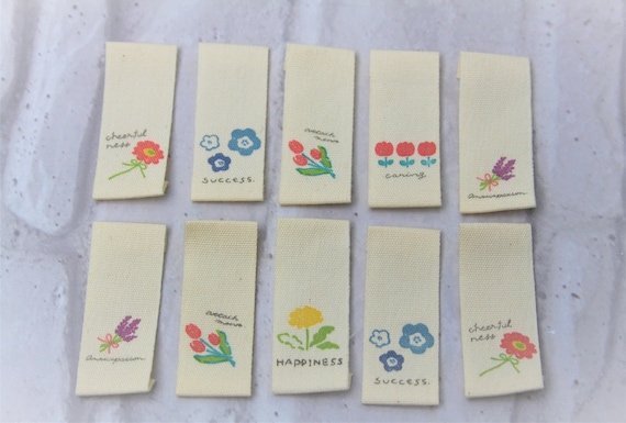 10x Flower Fabric Labels, Clothing Tags, Sew on Garment Label