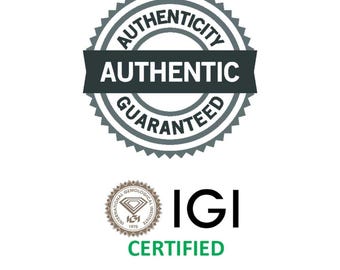 May include: A white background with two circular logos. The top logo reads "AUTHENTICITY GUARANTEED" in a gray and white design. The bottom logo is a brown and white design with the text "IGI CERTIFIED" in green and black.