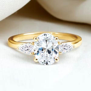 Oval Cut Lab Grown Diamond Engagement Ring, Unique Three Stone Engagement Ring, Pear Cut Side Stone Anniversary Ring , Lab grown Ring