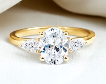Oval Cut Lab Grown Diamond Engagement Ring, Unique Three Stone Engagement Ring, Pear Cut Side Stone Anniversary Ring , Lab grown Ring