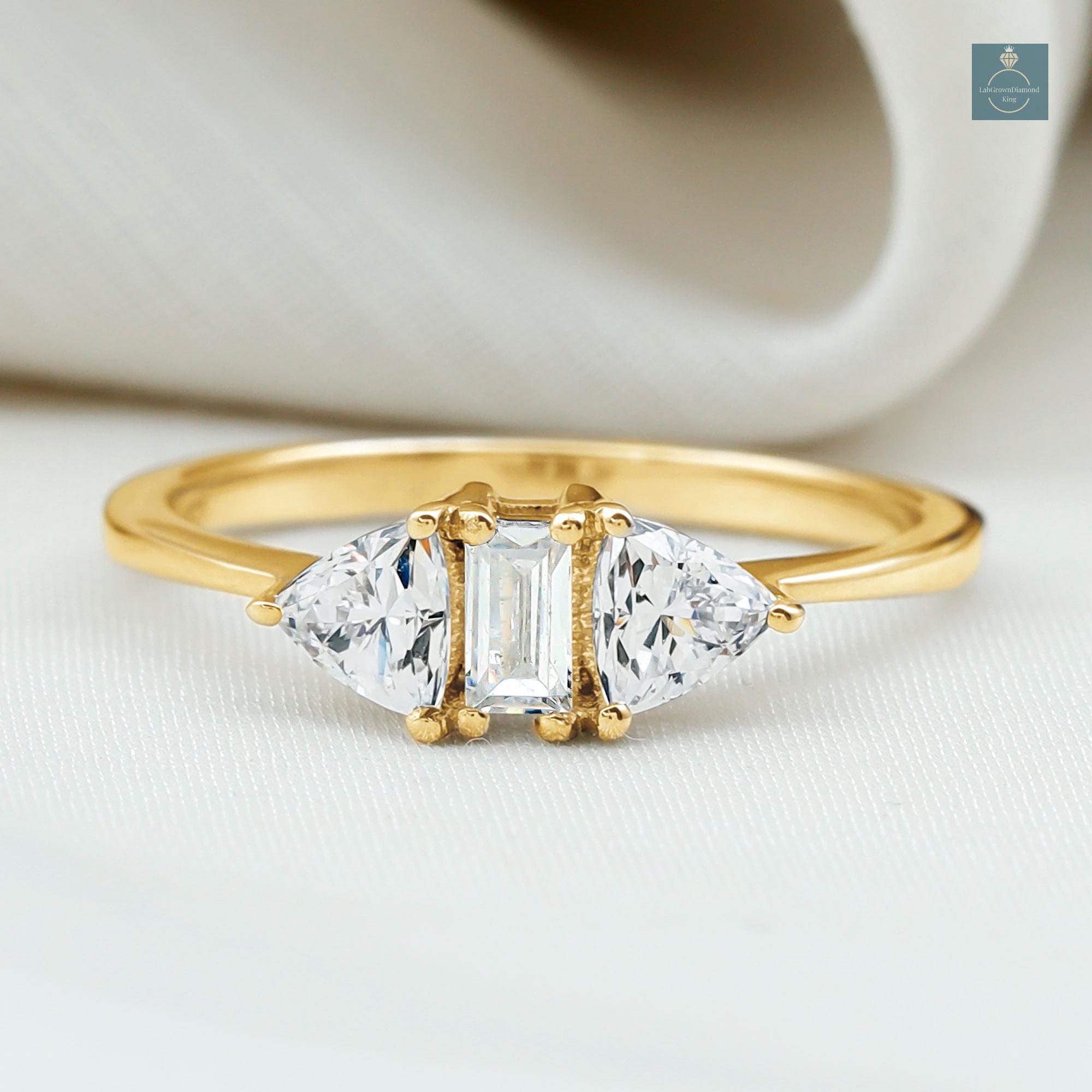 Lab Grown Diamond Engagement Ring,Three Stone Diamond Wedding Ring,Anniversary Gift,Conflict Free Diamond Baguette & Trillion Diamond Ring