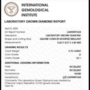 0.71 ct Lab Grown Cushion Cut Diamond: D VS1, IGI Certified
