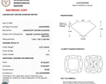 May include: A laboratory-grown diamond report from the International Gemological Institute. The report details a square cushion modified brilliant cut diamond, 7.98 x 7.85 x 4.85 mm, with a 2.52-carat weight, E color grade, and VS2 clarity.