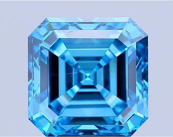 May include: A square-cut, light blue gemstone with multiple facets. The gemstone's interior features a series of concentric, geometric shapes that create a sense of depth. The gem is set against a plain, light background, highlighting its clarity and color.