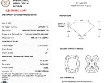 May include: A laboratory-grown diamond report from the International Gemological Institute. The report details a cushion modified brilliant cut diamond, 8.58 x 6.78 x 4.34 mm in size, weighing 2.02 carats, with an E color grade and VS1 clarity.