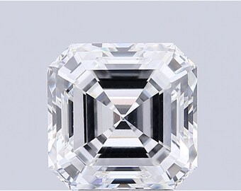 May include: A clear, square-cut gemstone with multiple facets, reflecting light. The gemstone has a symmetrical design, with a central square and step-cut sides. The overall shape is a square with beveled corners, creating a brilliant sparkle.