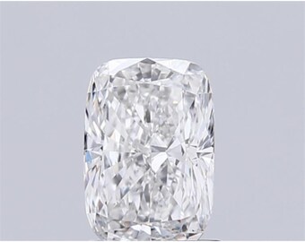 May include: A clear, cushion-cut diamond with a rectangular shape and rounded corners. The facets reflect light, creating a brilliant sparkle. The diamond is set against a neutral background, highlighting its clarity and brilliance.