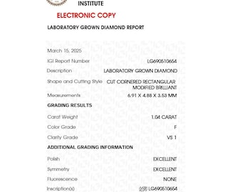 May include: A white laboratory grown diamond report from the International Gemological Institute. The report includes the diamond's measurements of 6.91 x 4.88 x 3.53 mm, a 1.04 carat weight, and a clarity grade of VS 1.