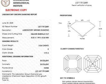 May include: A laboratory-grown diamond report from the International Gemological Institute. The report details a square emerald cut diamond, 8.03 x 7.99 x 5.06 mm, with a 3.04-carat weight, color grade E, and clarity grade VVS 2. The report includes diagrams and grading information.