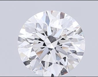 May include: A round, brilliant-cut diamond with numerous facets, reflecting light and appearing bright white. The gemstone is set against a plain, light background, showcasing its clarity and sparkle. This image highlights the diamond's cut and brilliance.
