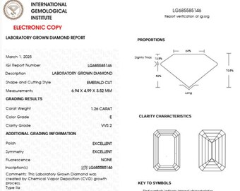 May include: A white laboratory report from the International Gemological Institute details a laboratory-grown emerald-cut diamond. The report includes measurements of 6.94 x 4.99 x 3.52 mm, a 1.26-carat weight, and a color grade of E.