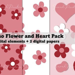 Red and Pink Boho Flower Clipart Digital Paper Clip Art Checked Heart Chequered sublimation