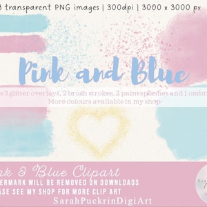 Rosa blu acquerello schizzi Clipart Tratto di vernice commerciale splatter splash acquerello elementi glitter sovrapposizione Gender Reveal Baby Shower