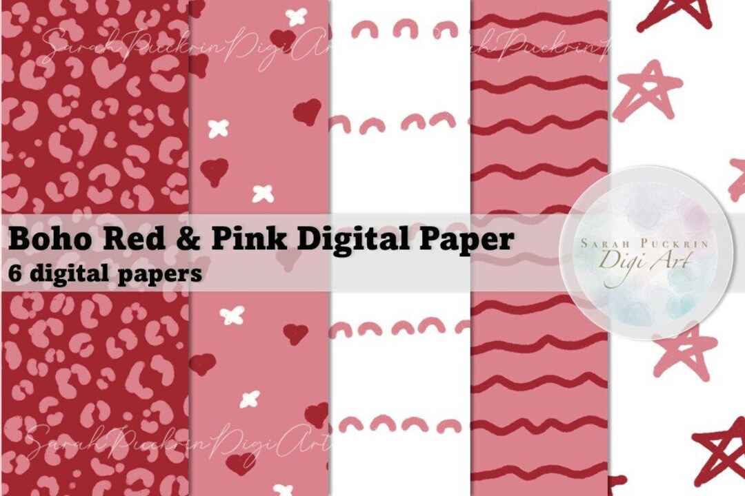 Red and Pink Boho Digital Paper Clip Art PNG Stars Hearts Stripes ...