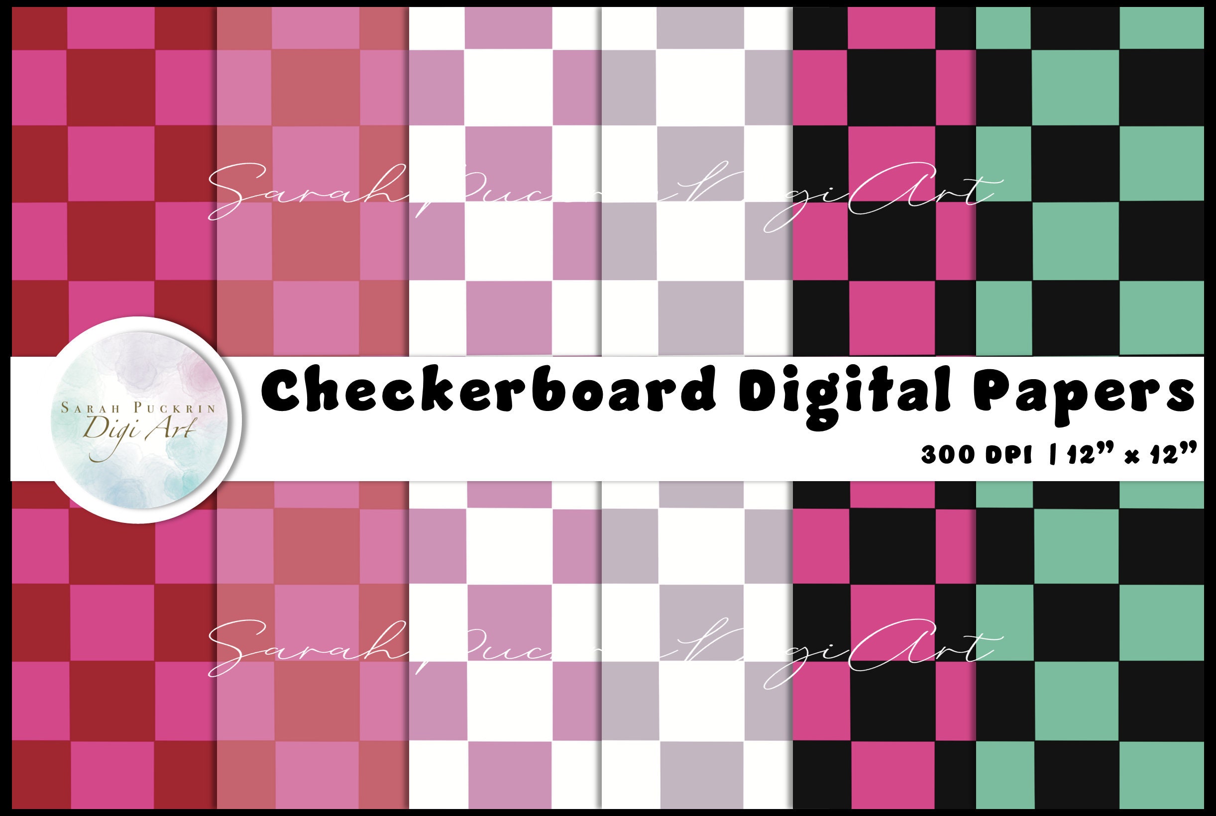 Checkerboard Chequered Digital Paper Red Pink Black Green - Etsy