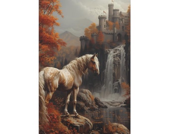 Autumn Majesty: Noble Steed and Waterfall Castle Canvas Print