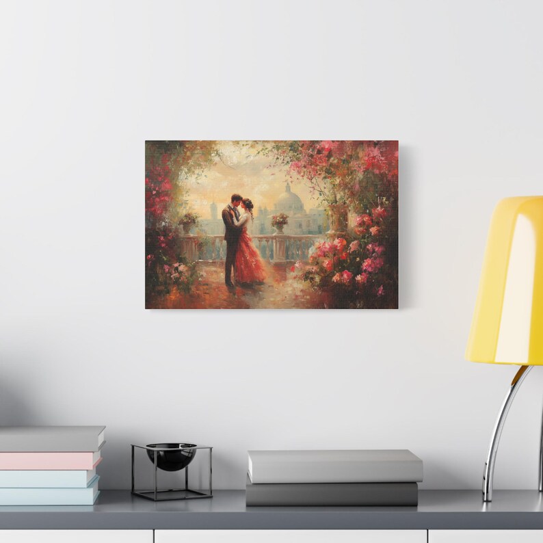 Romantic Couple Canvas Art, Elegant Love Scene Wall Art, Sunset Balcony