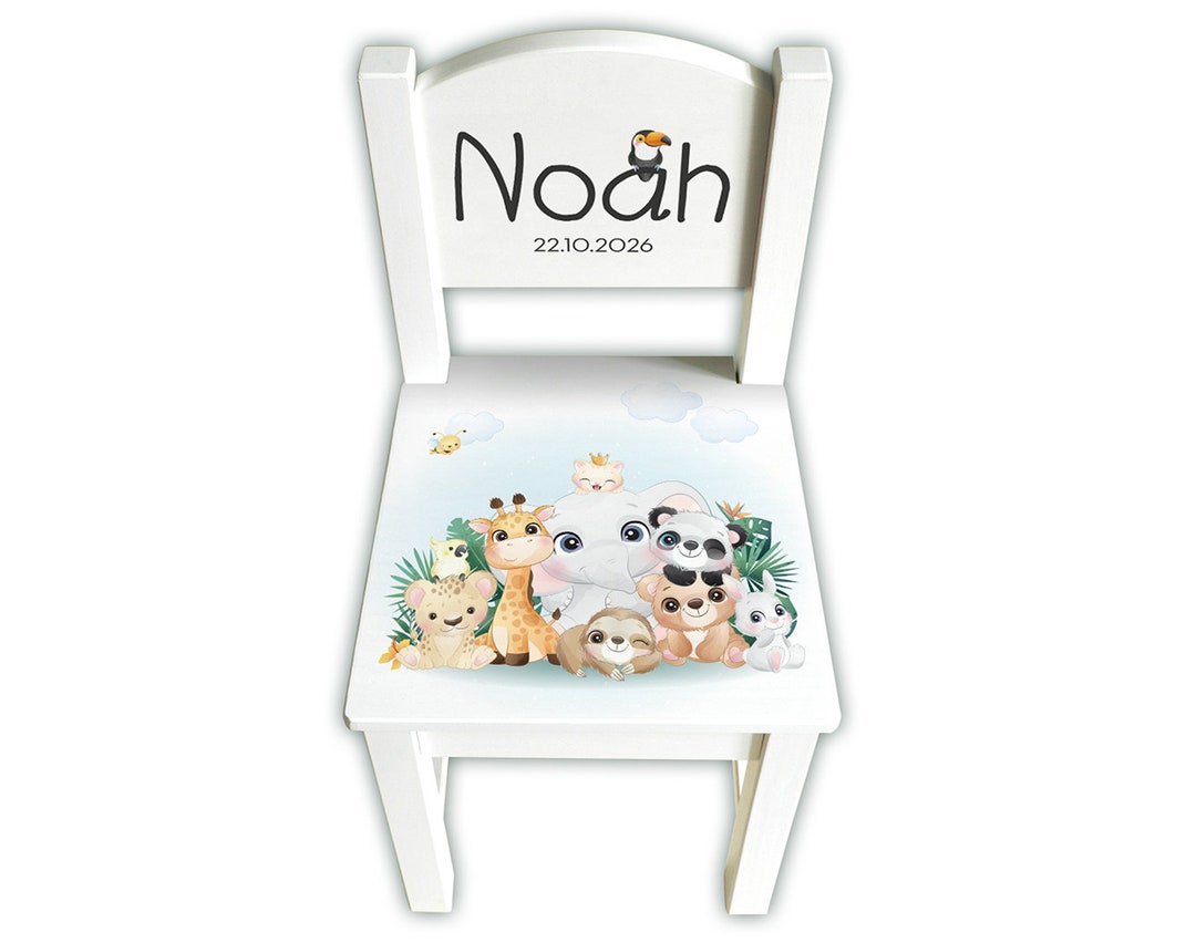 Wooden Children's Chair With Name Cute Jungle Animals Etsy