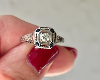 Vintage Diamond Sapphire Accent Ring 18K White Gold